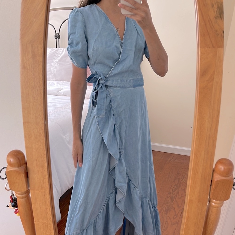 Blue Denim Ruffle Hem Wrap Maxi Dress